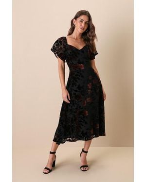 Lulus Lovely Purpose Velvet Floral Burnout Lace-Up Midi Dress - Black