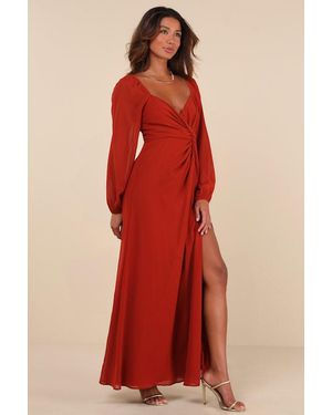 Lulus Composed Soiree Twist-Front Long Sleeve Maxi Dress - Red