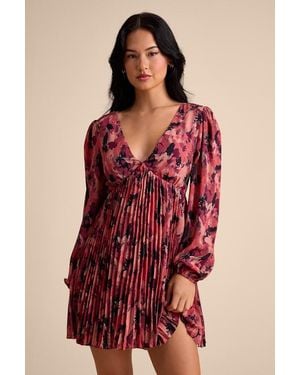 Lulus Lowri Multi Abstract Long Sleeve Babydoll Mini Dress - Red