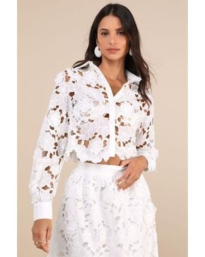 En Saison Ottis Sheer Laser-Cut Floral Collared Long Sleeve Top - Natural