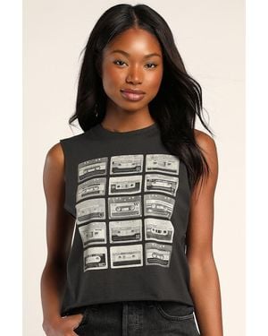 Prince Peter Cassette Washed Cropped Graphic Muscle Tank Top - Black