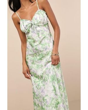 JACQUIE THE LABEL Valentina Multi Abstract Satin Ruffled Maxi Dress - Green