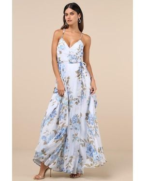 Lulus Oh-So Romantic Pale Floral Print Sleeveless Wrap Maxi Dress - Blue