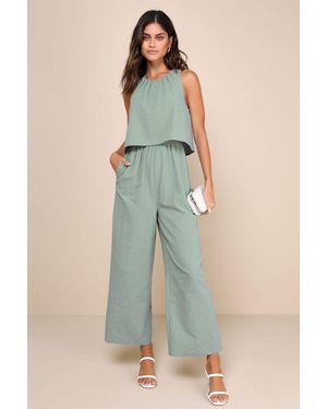 Lulus Breezy Sophistication Textured Wide-Leg Jumpsuit - Blue