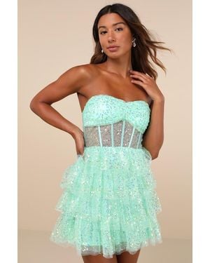 Lulus Illustrious Glow Sheer Tulle Sequin Tiered Mini Dress - Blue