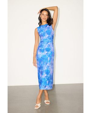 Lulus Elyra Floral Mesh Ruched Crew Neck Midi Dress - Blue
