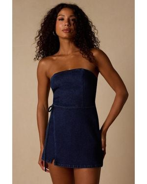 Lulus Ena Dark Wash Denim Skort Romper - Blue