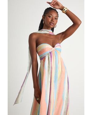 Lulus Kelia Multi Striped Midi Dress And Scarf Set - Orange
