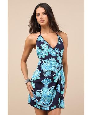 Lulus Aelora Dark And Aqua Paisley Print Halter Mini Dress - Blue