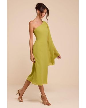 Lulus Elizabeth Chartreuse One-Shoulder Bell Sleeve Midi Dress - Yellow
