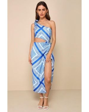 Lulus Vacay Beauty Scarf Print One-Shoulder Tie-Strap Midi Dress - Blue