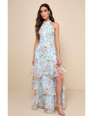 Lulus Forever Exceptional Light Floral Halter Organza Maxi Dress - Blue