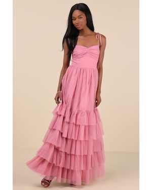 Lulus Endlessly Darling Mesh Tiered Tie-Strap Maxi Dress - Pink