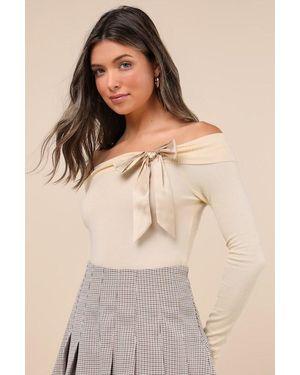 Motel Orianne Pale Off-The-Shoulder Bow Sweater Top - Natural