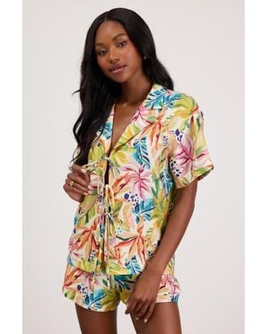 Lulus Talise Multi Tropical Print Tie-Front Collared Top - White