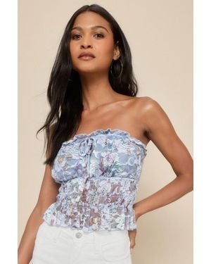Lulus Lovely Sweetness Floral Lace Strapless Smocked Top - Blue