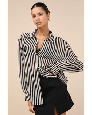 Lulus Styled Perfection Cream And Striped Button-Up Collared Top - Black
