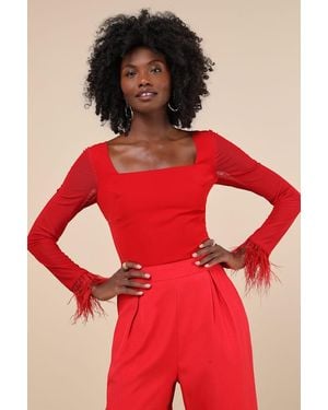 Lulus Effortlessly Luxe Feather Long Sleeve Bodysuit - Red
