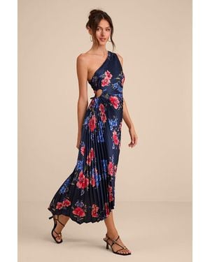 Lulus Mariella Multi Floral Satin Pleated Midi Dress - Blue