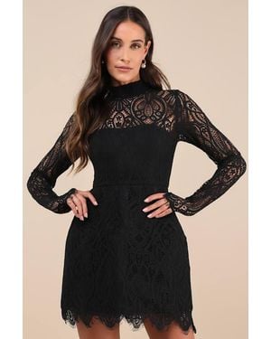 Lulus Gorgeous Attraction Lace Structured Long Sleeve Mini Dress - Black