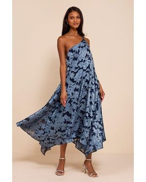 Lulus Deja Floral Jacquard One-Shoulder Shift Midi Dress - Blue