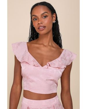 Lulus Exemplary Cutie Satin Jacquard Ruffled Crop Top - Pink