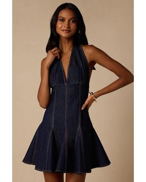 Lulus Keira Dark Wash Denim Halter Mini Dress - Blue