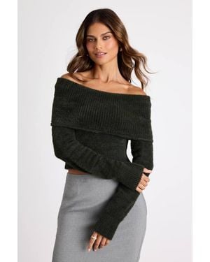 Lulus Ravenna Eyelash Knit Off-The-Shoulder Jumper Top - Black