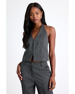Lulus Thalina Pinstriped Rhinestone Halter Vest Top - Grey