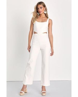 Lulus Perfect Icon Bustier Cutout Straight Leg Denim Jumpsuit - White