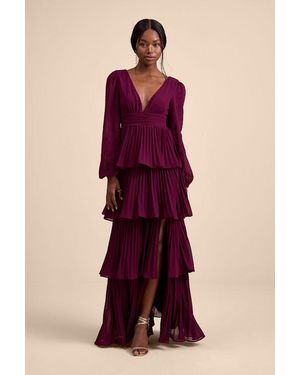 Lulus Graceful Finesse Plum Pleated Long Sleeve Maxi Dress - Purple