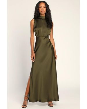 Lulus Classic Elegance Satin Sleeveless Mock Neck Maxi Dress - Green