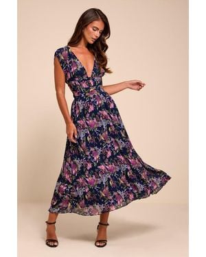 Lulus Taylen Multi Floral Plisse Midi Dress - Blue