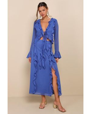 Lulus Destined To Stun Chiffon Ruffled Midi Skirt - Blue
