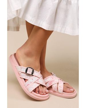 Lulus Killian Tropical Print Slide Sandals - Pink