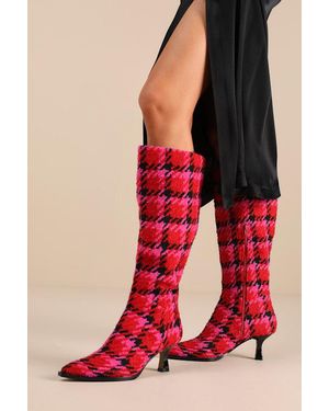 Betsey Johnson Pamella Plaid Tweed Knee-High Boots - Red