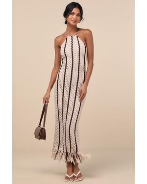 Lulus Hedia Striped Crochet Halter Fringe Midi Dress - Natural