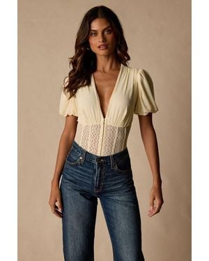 Lulus Properly Trendy Cream Mesh Puff Sleeve Bodysuit - Blue