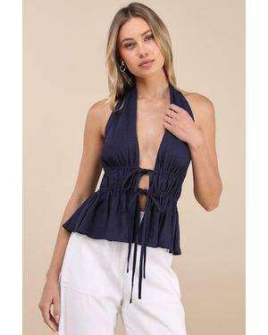 Lulus Adelita Tie-Front Halter Peplum Top - Blue