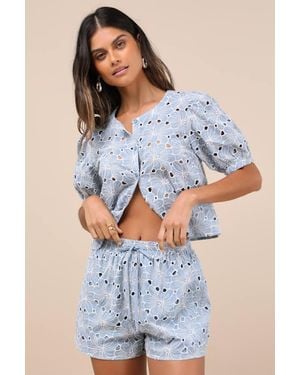 Lulus Aminta Eylet Embroidered Drawstring Shorts - Blue