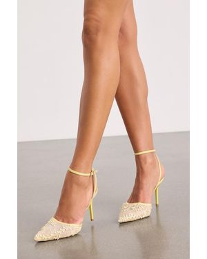 Lulus Selma Embroidered Pointed-Toe Ankle Strap Pumps - Yellow