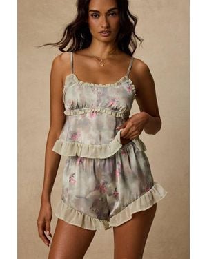 Lulus Gracelyn Sage Floral Satin Shorts Two-Piece Pyjama Set - Brown