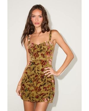 Lulus Ruwie Floral Velvet Lace-Up Mini Dress - Green
