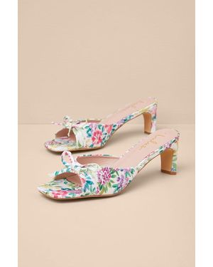 Lulus Gilzean Multi Floral Satin Bow High Heel Slide Sandals - Blue