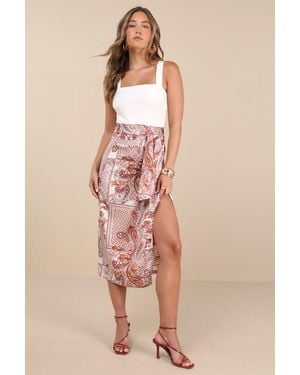Lulus Take A Walk With Me Paisley Print Satin Wrap Midi Skirt - Brown
