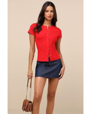 Lulus Annalena Ribbed Button-Front Short Sleeve Top - Red