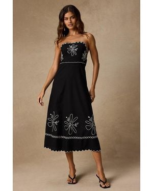 Lulus Leticia Linen Embroidered Tie-Back Midi Dress - Black