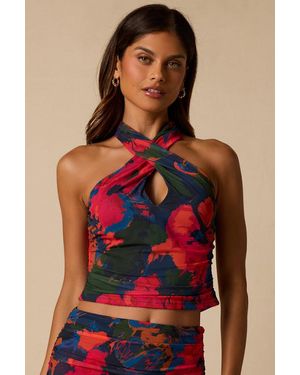 Lulus Kasia Multi Mesh Halter Crop Top - Red