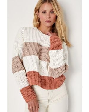 Lulus Moments Of Cozy Multi Striped Crew Neck Pullover Sweater - White