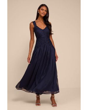 Lulus Laufey Pleated Drop Waist Midi Dress - Blue